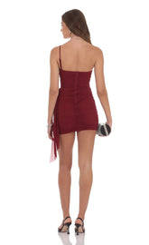 Mesh One Shoulder Tassel Dress in Maroon